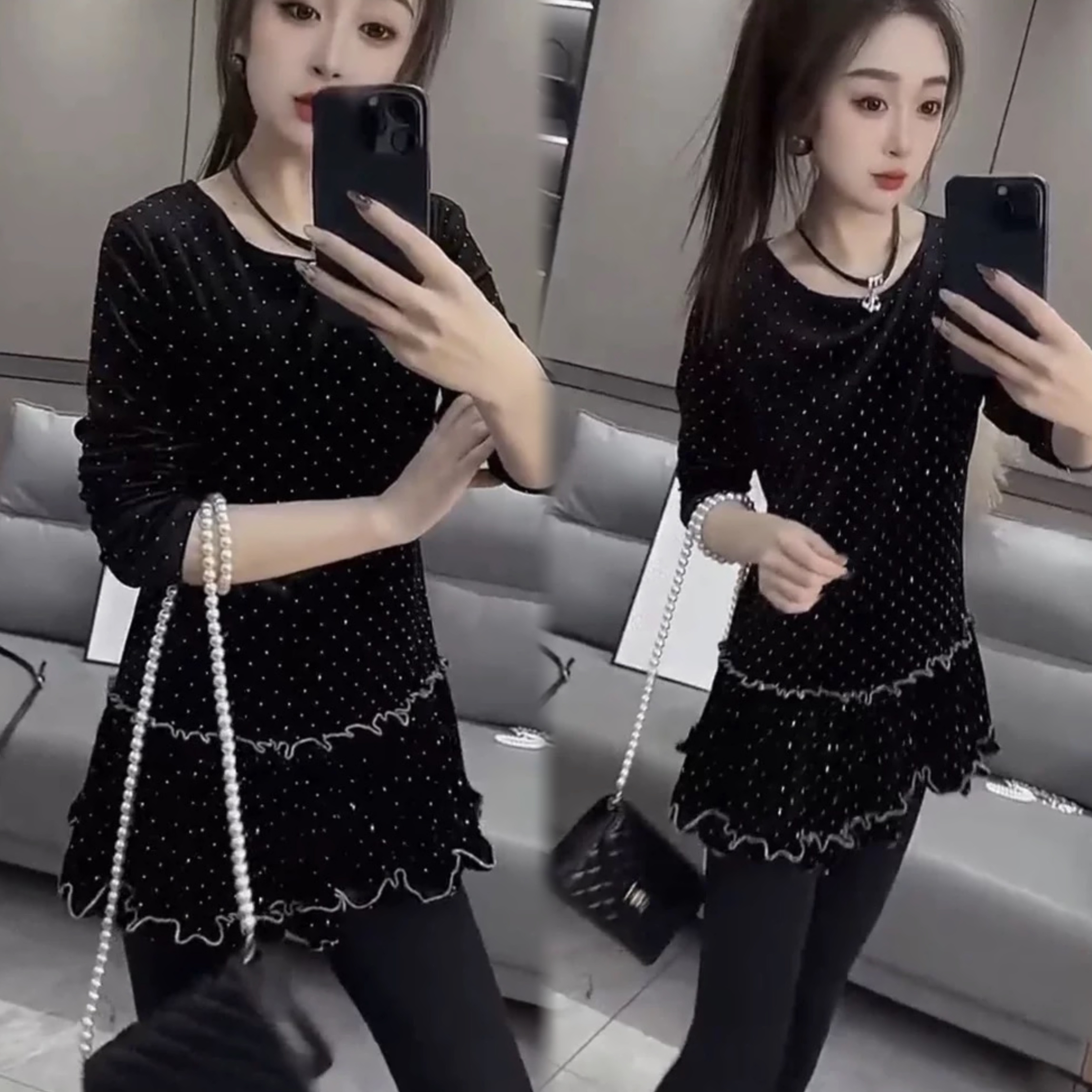 丝绒满天星T恤女2026春季圆领荷叶边设计感显瘦减龄气质中长上衣