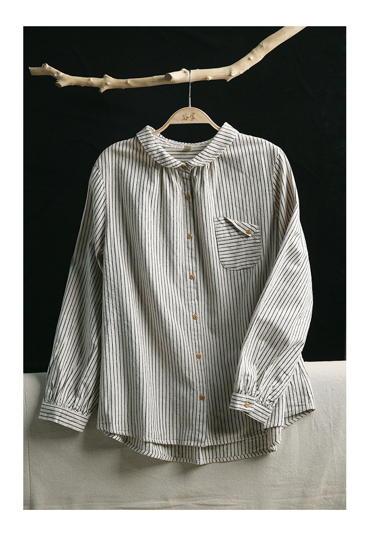 【谷家 】彼得潘领复古棉麻文艺百搭休闲长袖磨毛感条纹衬衫-5003