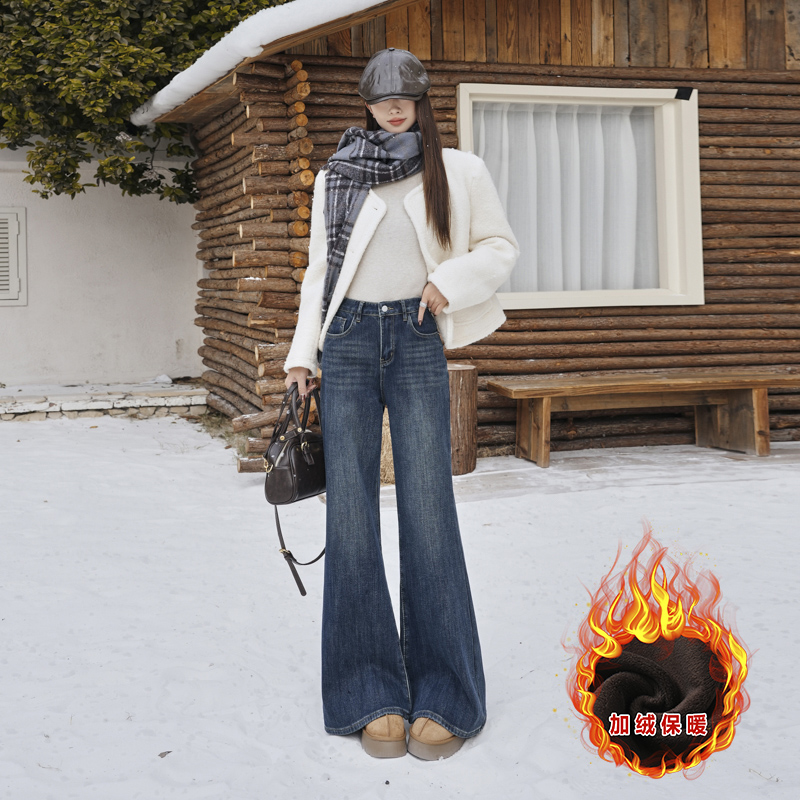 厚绒辣妹四面弹复古喇叭牛仔裤秋冬新款宽松显瘦不贴腿微喇裤女