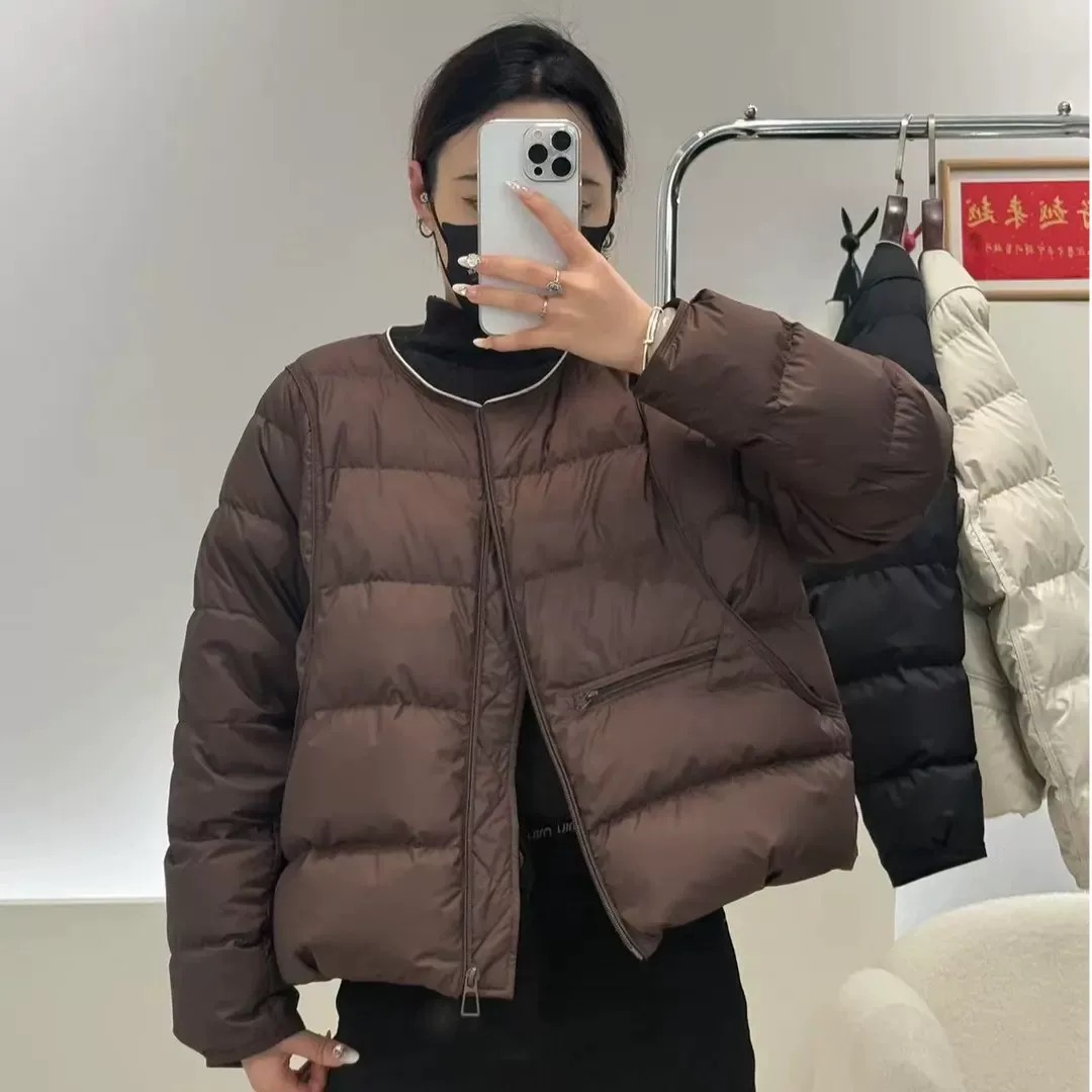 2025冬季新款学院时髦圆领宽松棉衣女韩版保暖轻薄短款无领保暖棉