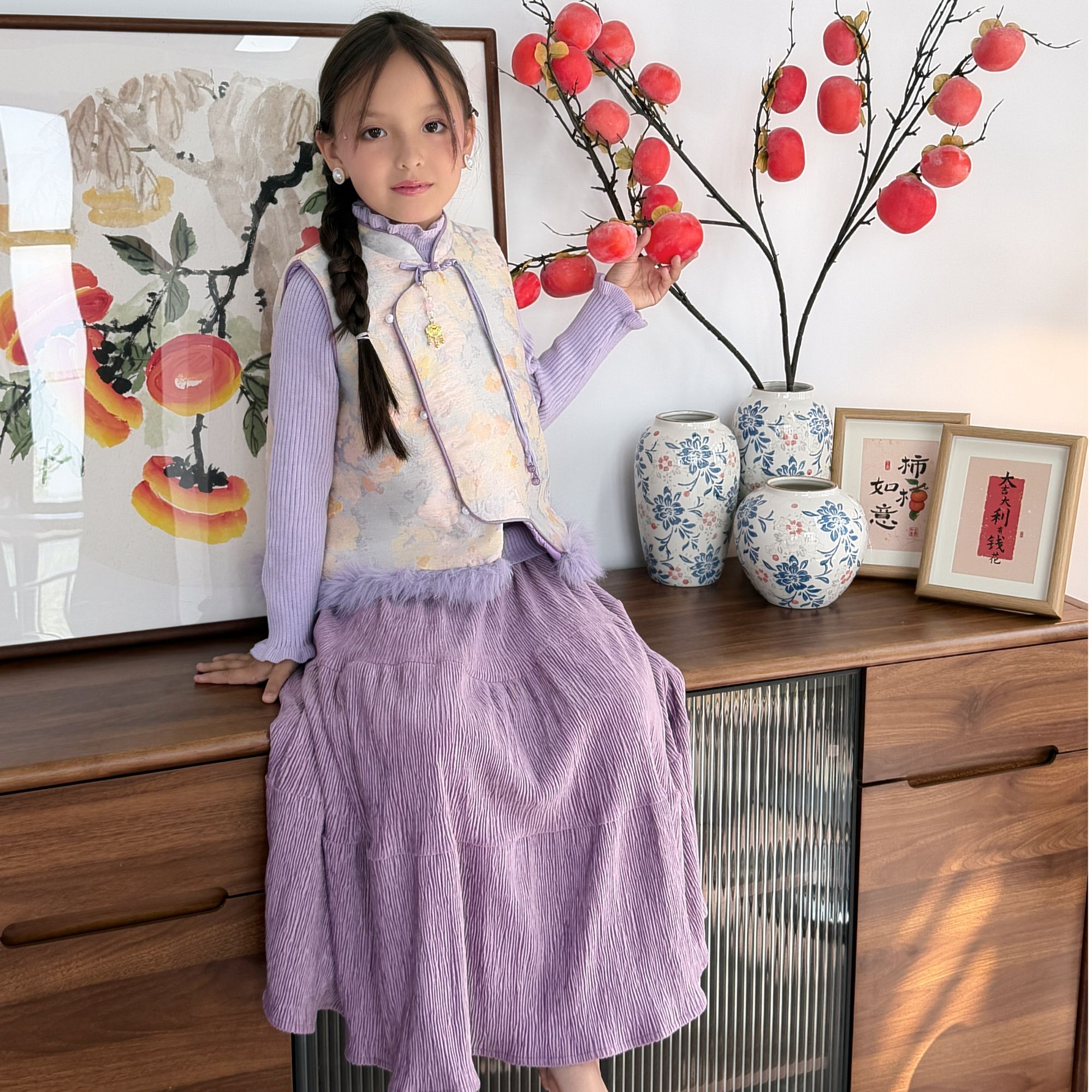 2025冬季汉服短裙百褶国风女套装洋气裙子毛呢中国风儿童汉服女童