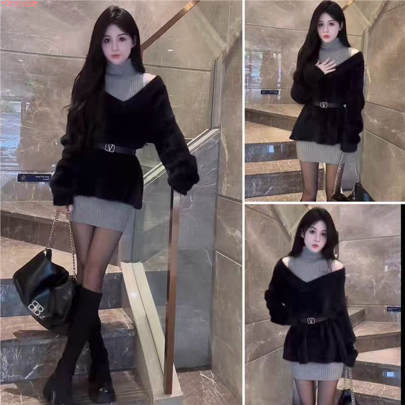 （羞羞大码）秋冬时尚纯欲风气质上衣搭配包臀裙套装7059