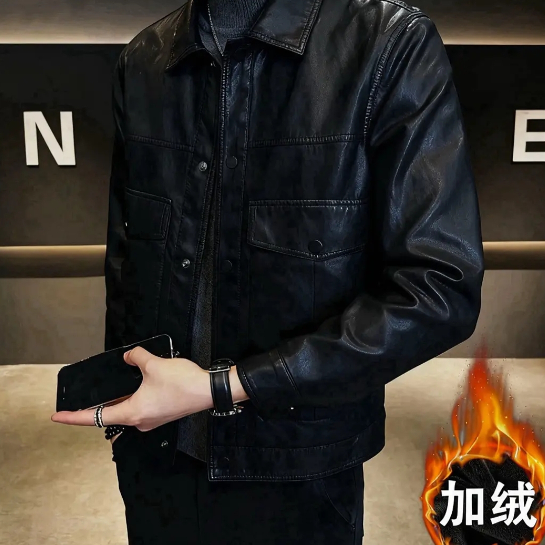 男士加绒皮夹克  翻领立领保暖冬季年轻人男款皮衣休闲秋冬韩版