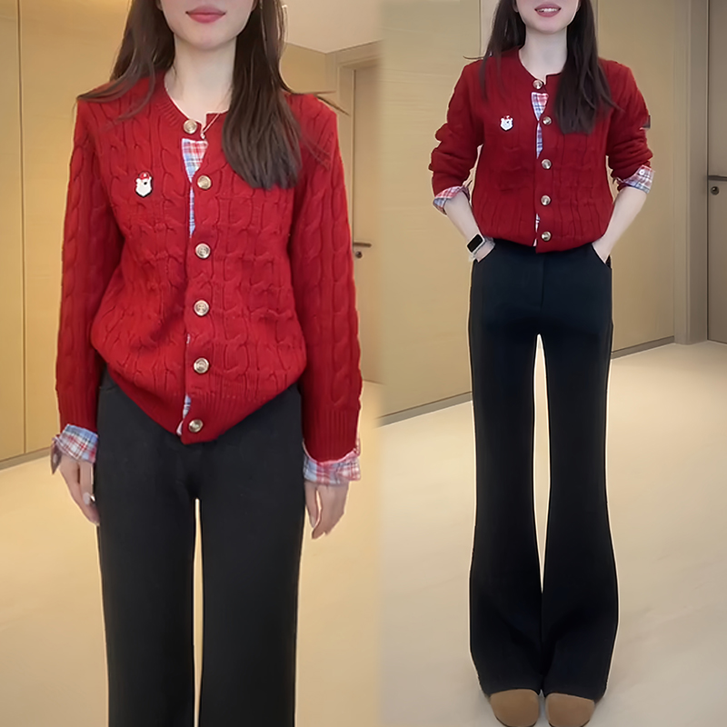 韩式流行简约套装2025冬新款百搭针织上衣喇叭裤显高时髦两件套女