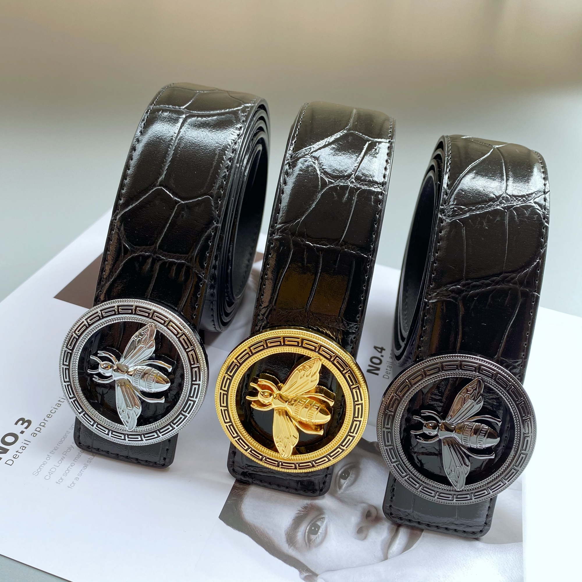 男款个性时尚潮流小蜜蜂扣真皮皮带腰带平滑扣挂扣板扣裤腰带