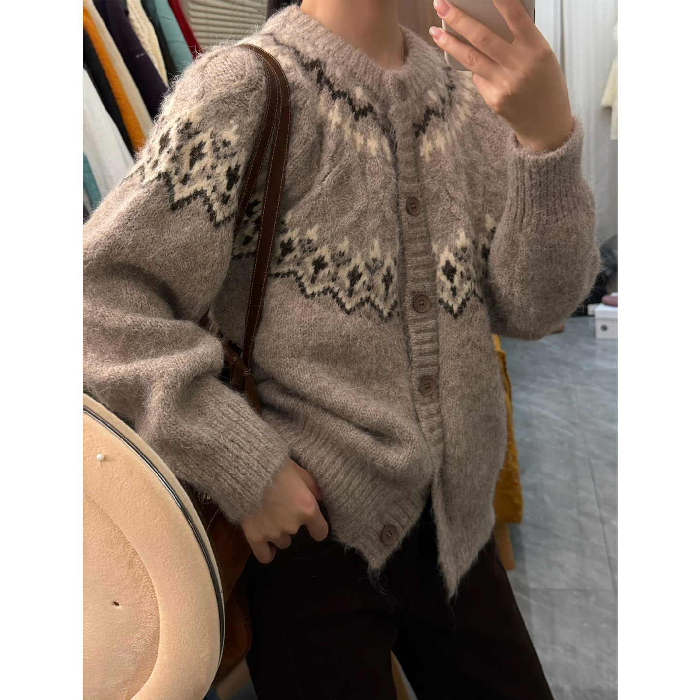 秋季新款费尔岛毛衣女长袖设计感圆领开衫外套M172