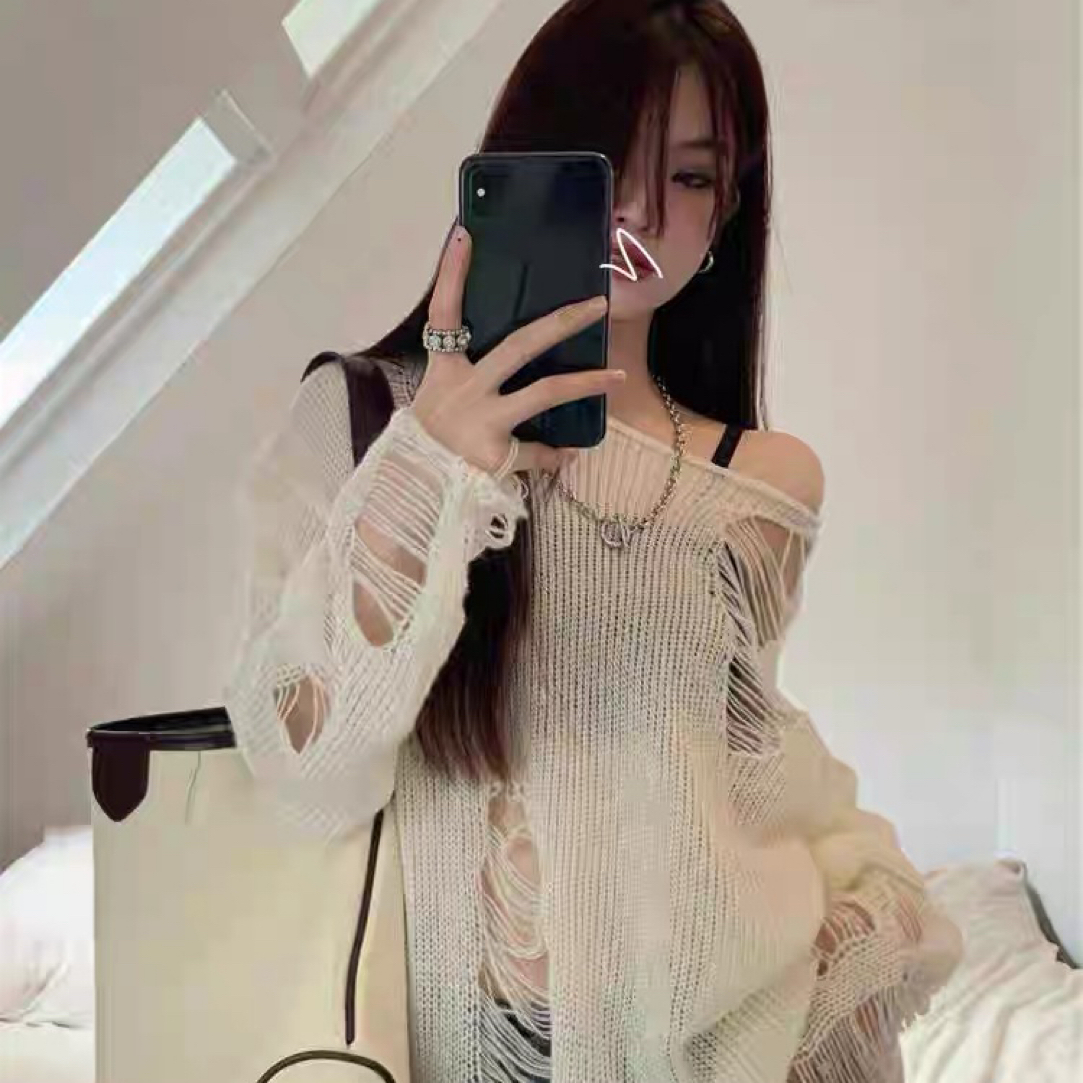 白色镂空破洞针织衫女薄款上衣A437