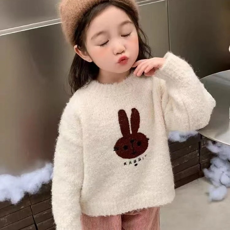 韩版动物图案女童加绒加厚毛衣针织衫宝宝洋气上衣秋冬款
