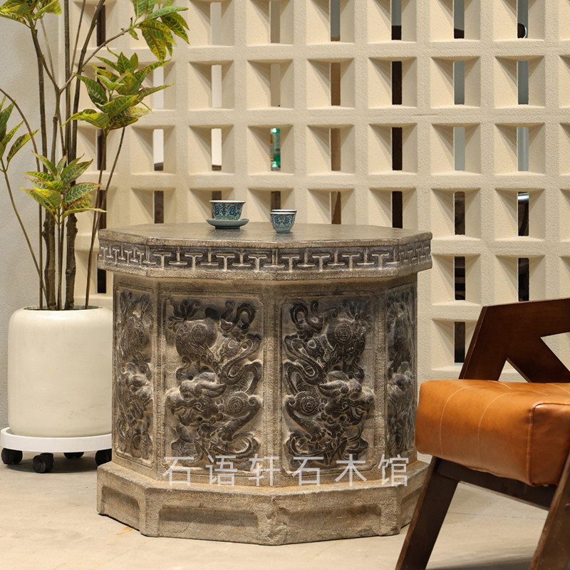 青石石雕庭院石桌户外花园浮雕纹饰茶台石几石台置景装饰