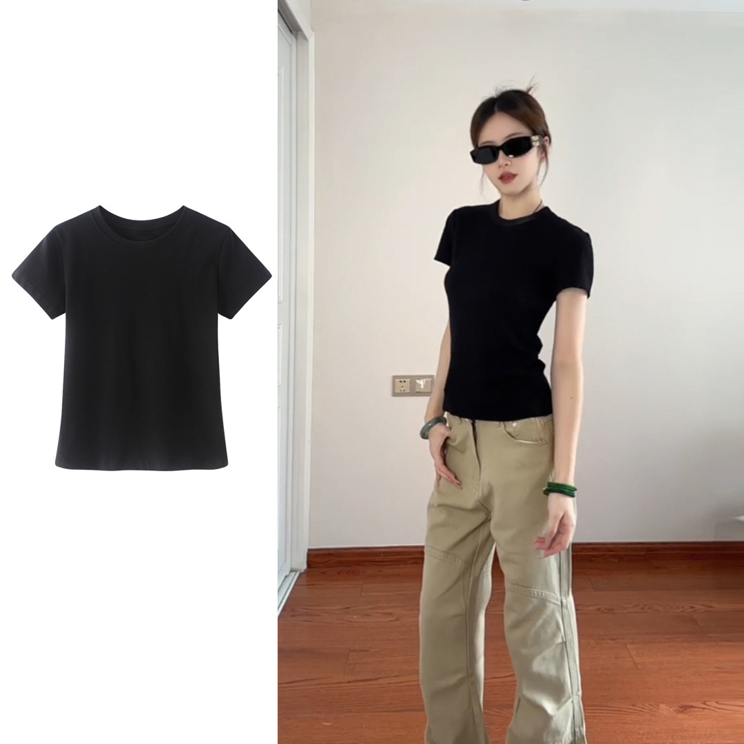 夏季新款黑色正肩短袖t恤女装修身显瘦圆领设计感辣妹纯欲风上衣 