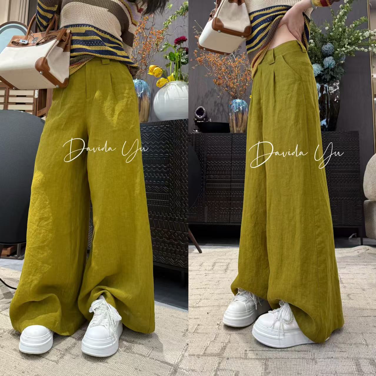 Davida Yu【马裤】2025年春夏新款100亚麻纯色休闲裤 RQ801