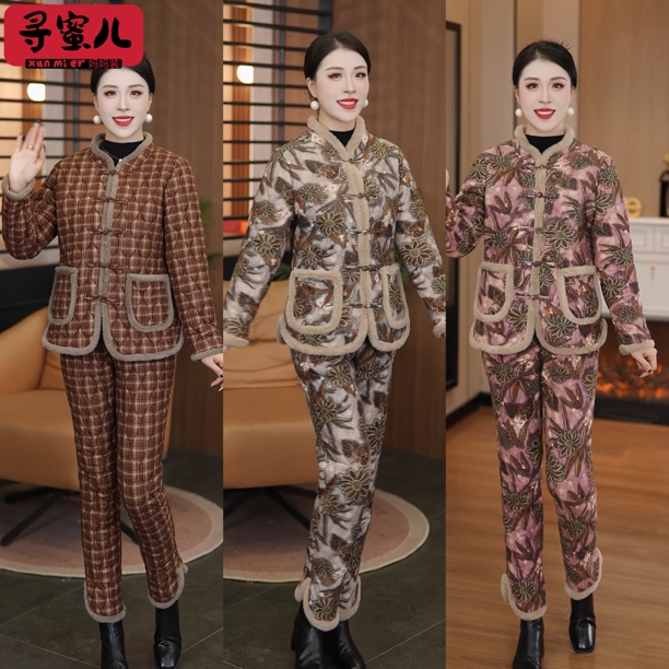 冬季新款妈妈加绒时尚加厚保暖棉袄棉裤套装中老年碎花棉衣两件套