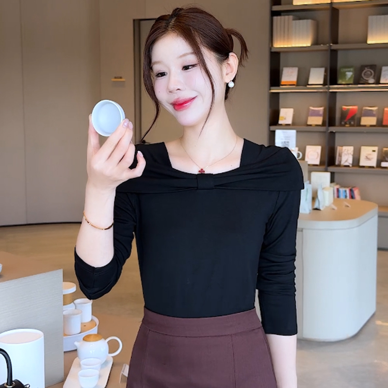 蝴蝶结一字肩T恤女秋冬季修身显瘦洋气百搭上衣时尚方领长袖打底