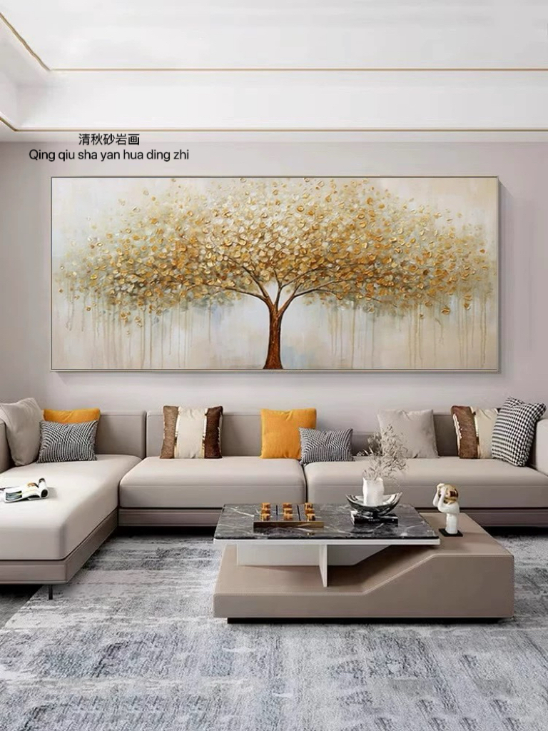 现代简约轻奢风客厅沙发背景装饰画横版发财树高档挂画砂岩肌理画