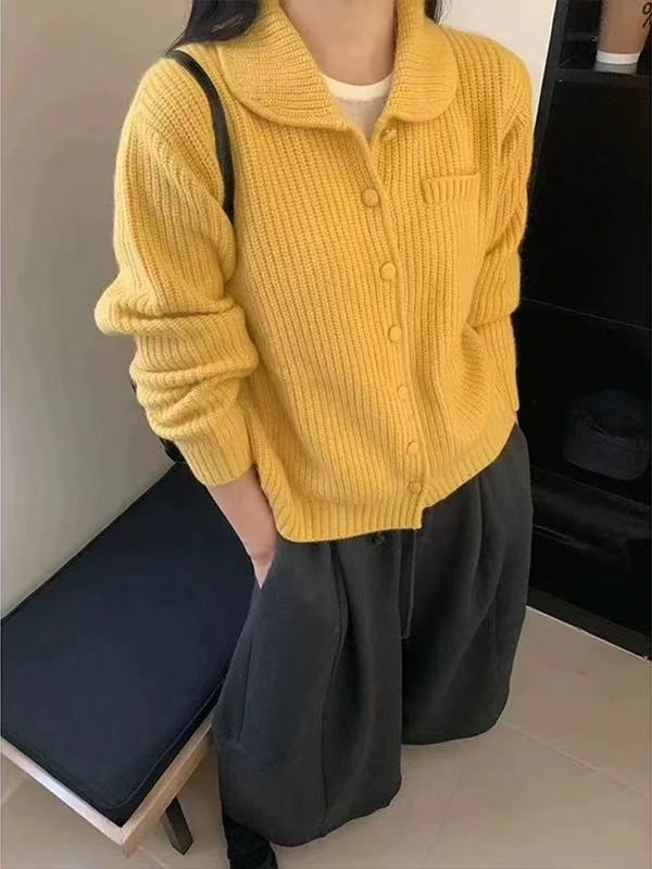 K2046 <香蕉牛乳> 韩版饺子家翻领纽扣针织开衫女