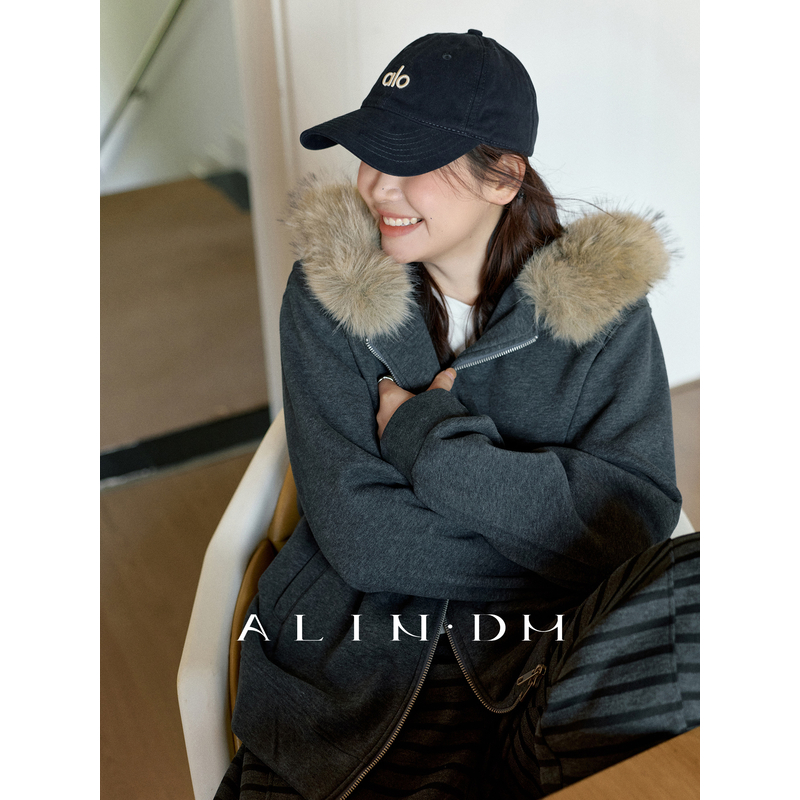 ALINDM【榛果浅滩】大码微胖mm 温暖毛领连帽卫衣外套 ZG9147