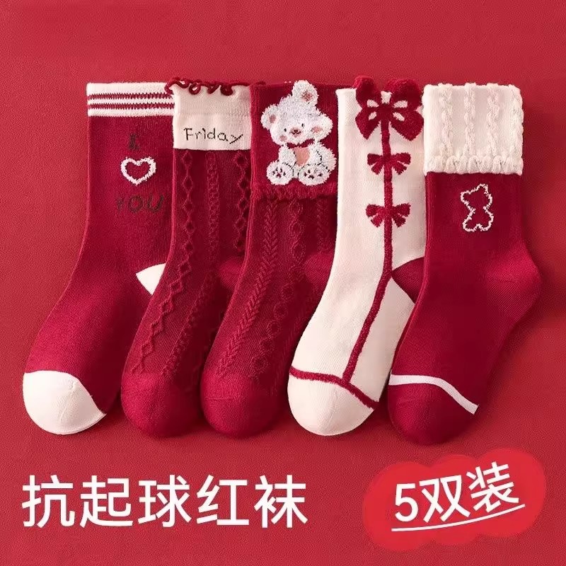 女童秋季红色卡通袜长袜秋冬季保暖袜子春秋中筒秋冬棉袜女孩童袜