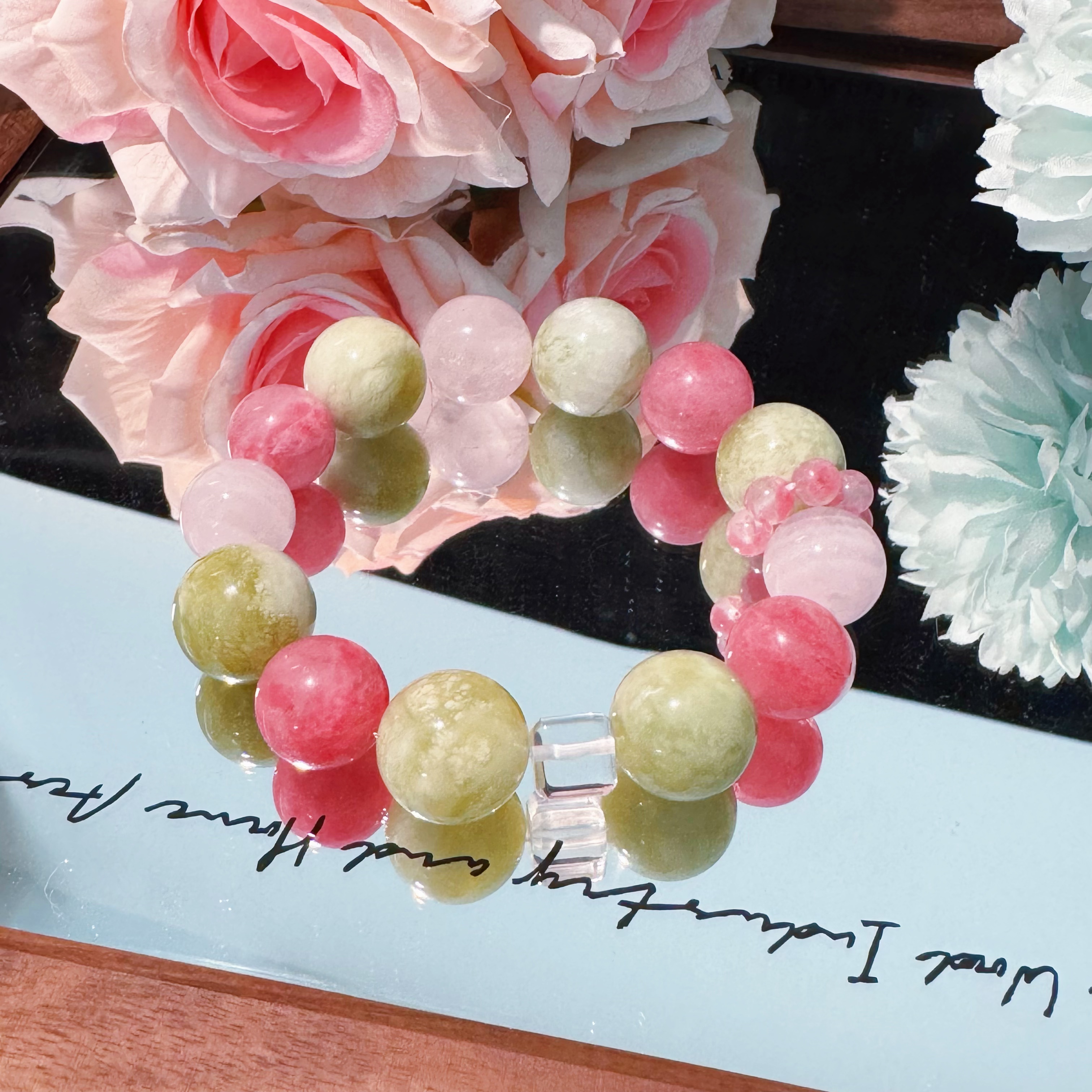 【荷花】天然粉水蔷薇岫玉水晶手串女生，多样性发货 发其一T-003