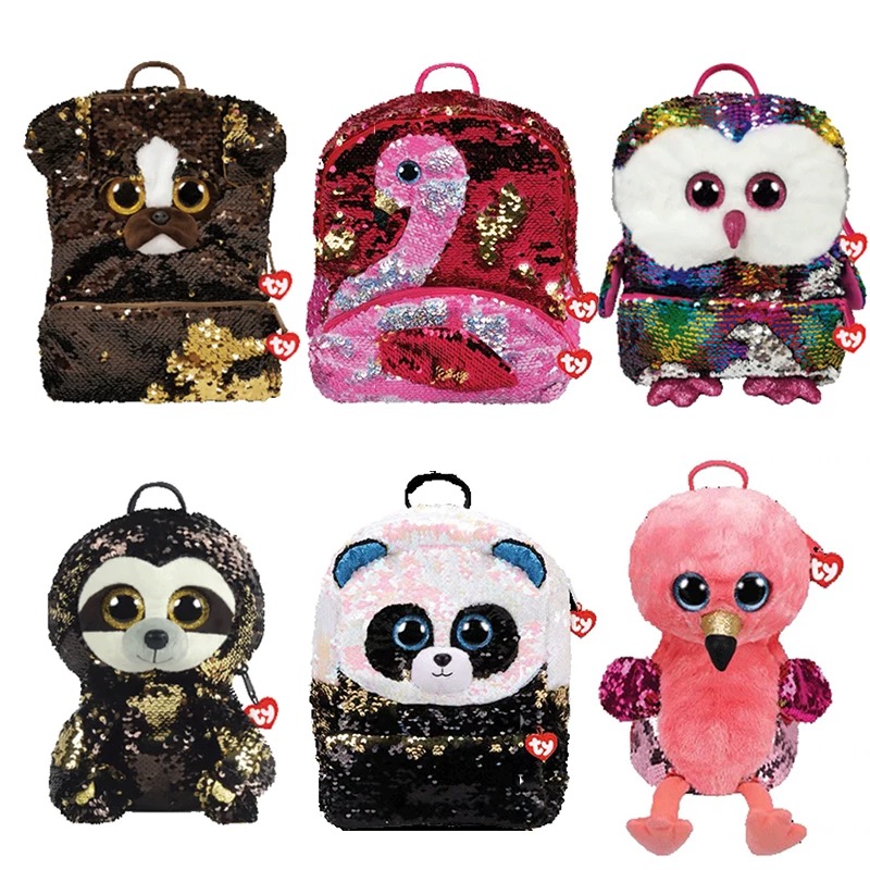 美国ty亮片双肩包大眼豆豆毛绒火烈鸟儿童幼儿园背包过家家玩具