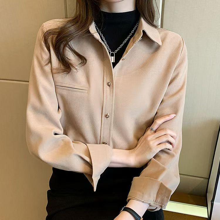 复古港风长袖百搭衬衫女秋冬高级感百搭气质叠穿单排扣宽松衬衣