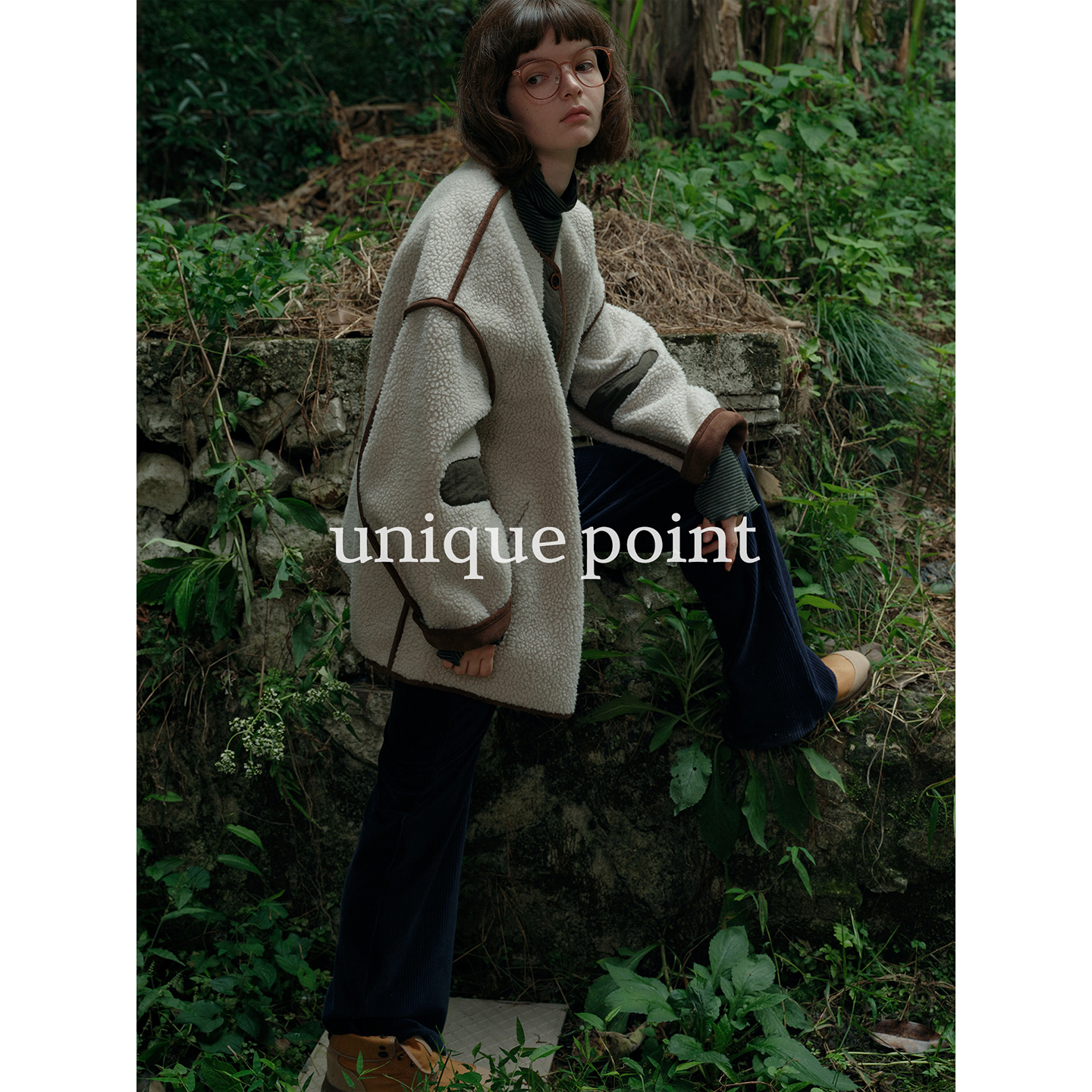 unique point撞色拼接羊羔毛外套女秋冬新款宽松百搭小众保暖上衣