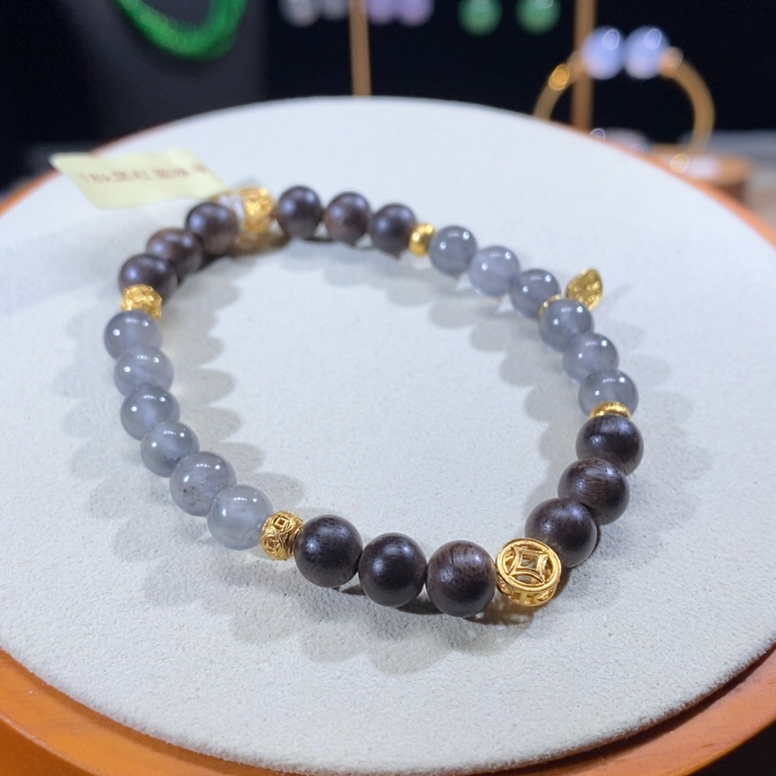 翡翠18K金镶嵌吊坠(不含链)翡翠黑杠手串