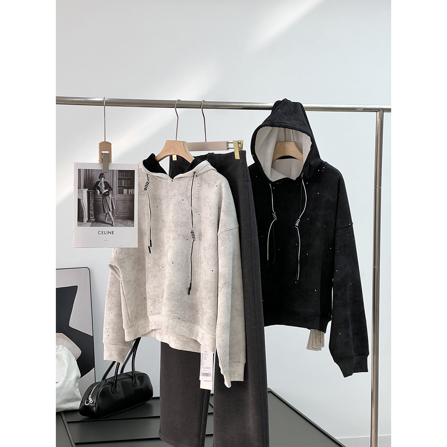 重磅款！美式潮牌复古慵懒风 星星破洞设计加绒厚款连帽长袖卫衣