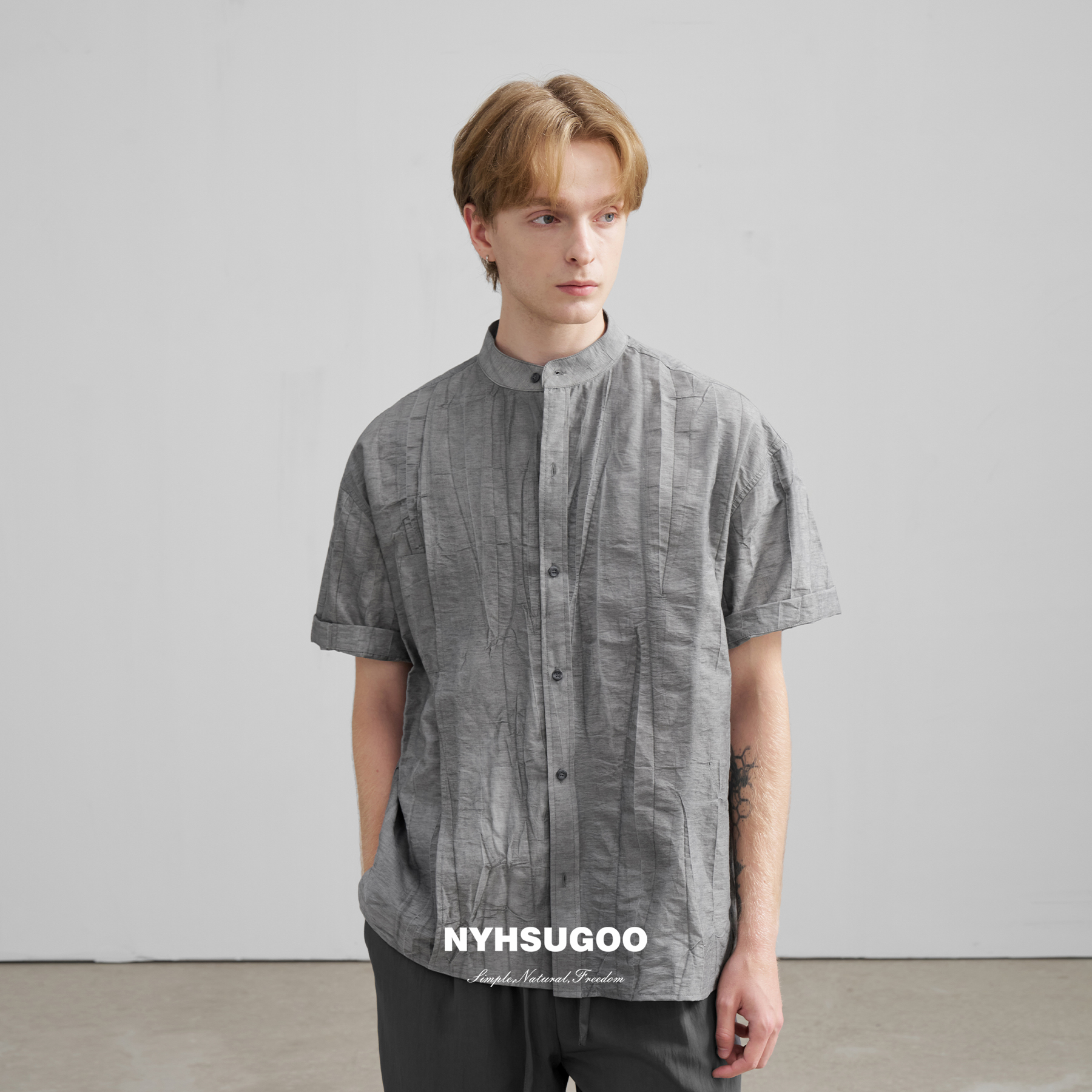 NYHSUGOO/南乙夏季新品立领脏染设计亚麻短袖衬衫3629含天丝面料