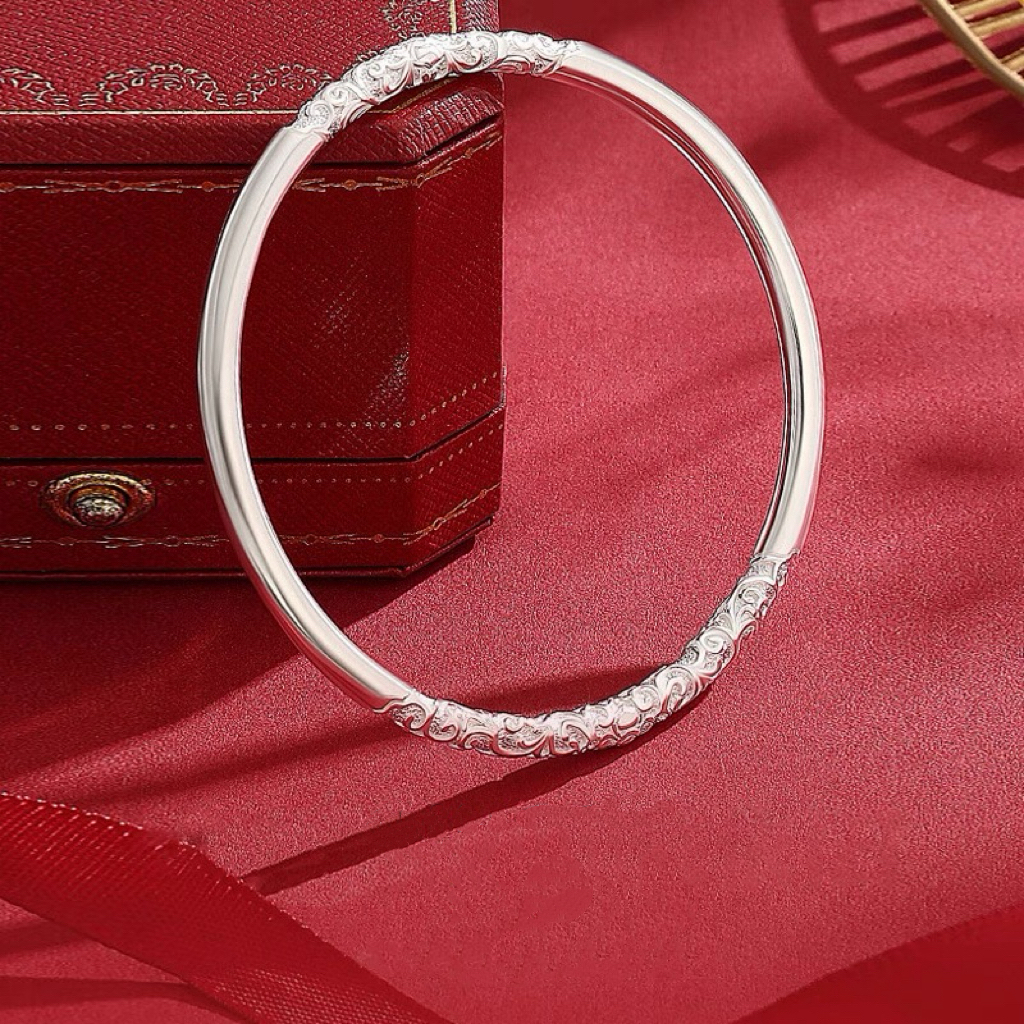 足银手镯 卷草纹银手镯女纯银999亮面闭口实心银镯子情人节送女友