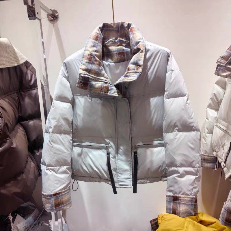 25806-30（云绒）格子拼接立领短款冬季新款面包服女外套宽松加厚