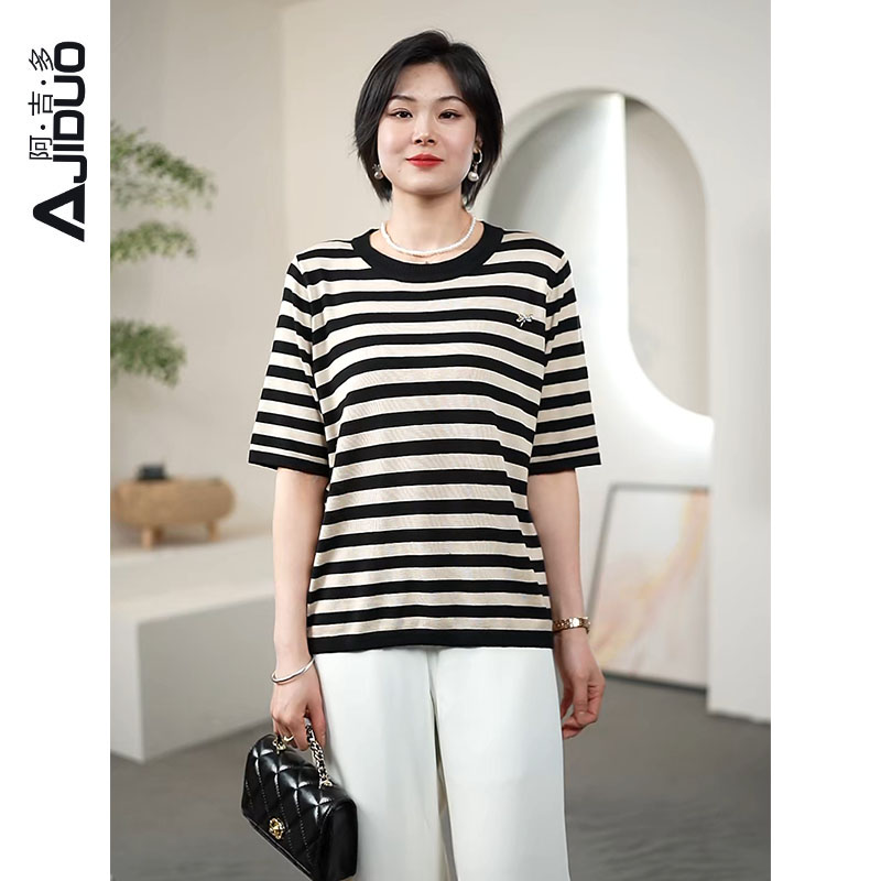 阿吉多圆领短袖条纹上衣女2025夏季针织衫洋气宽松百搭休闲打底衫