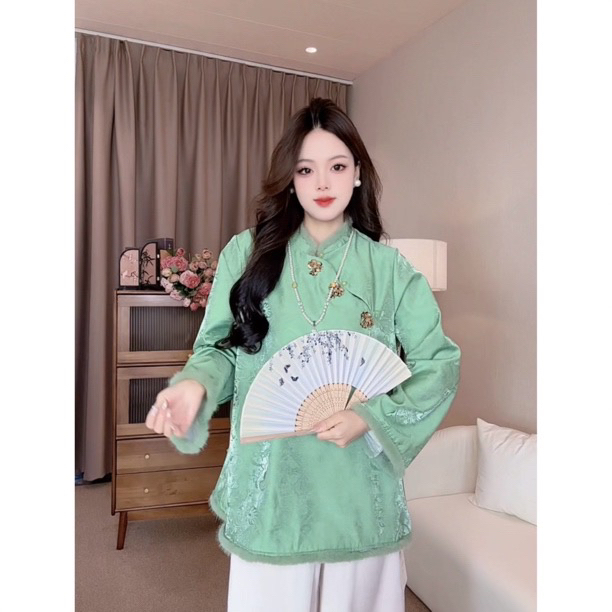 【780】2025秋冬新款新中式国风复古斜襟毛边气质百搭宽松显瘦上衣