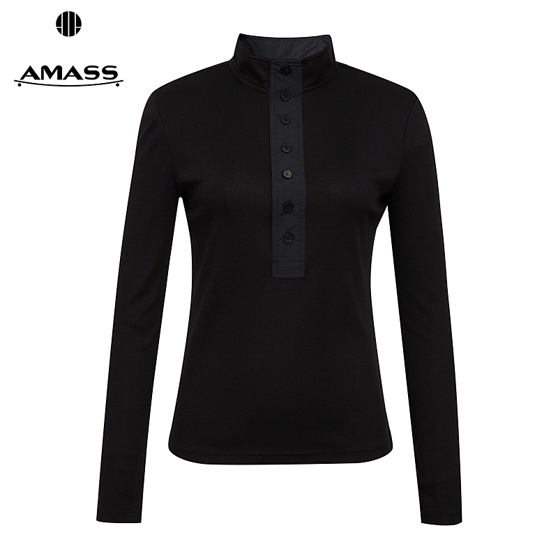 阿玛施AMASS  新款纯色立领领口门襟拼接面料修身长袖衬衫530067