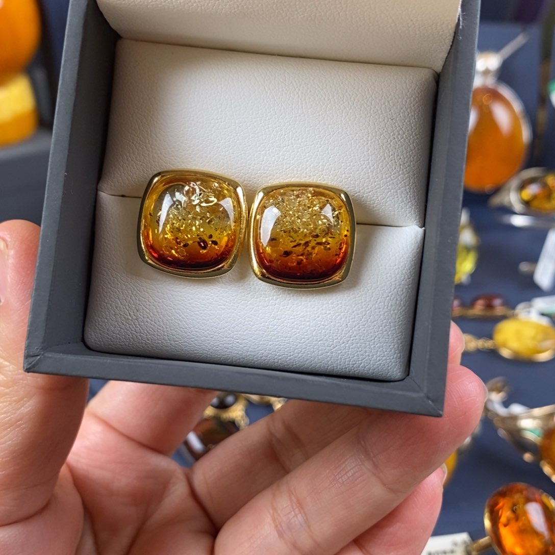 琥珀耳饰银S925镀金镶嵌