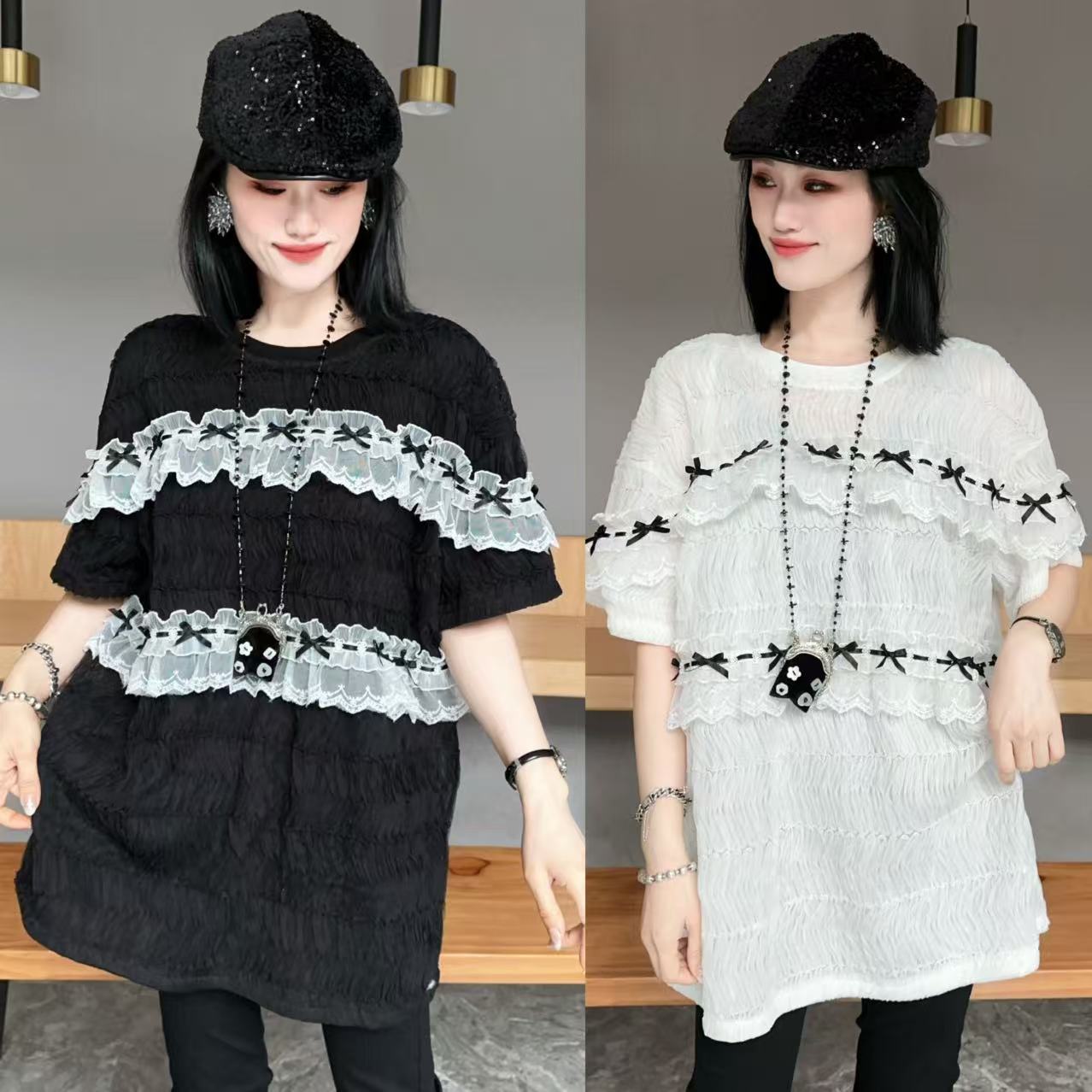 【YJ·高定】2025春夏蕾丝珠片宽松显瘦百搭小衫半袖连衣裙女 YY1957