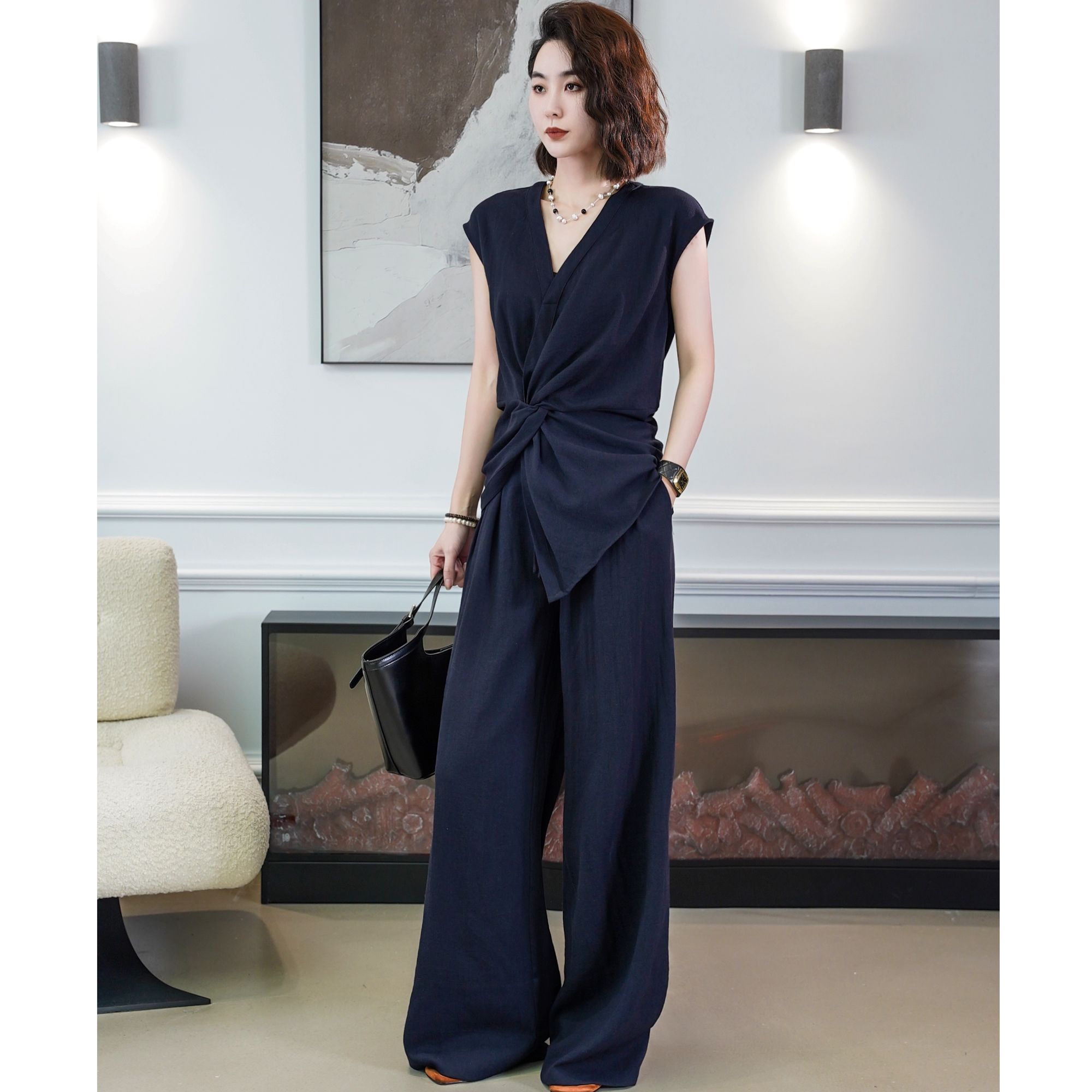 MORELAN2025春夏高级女装不规则无袖衬衫上衣+休闲裤两件套920118