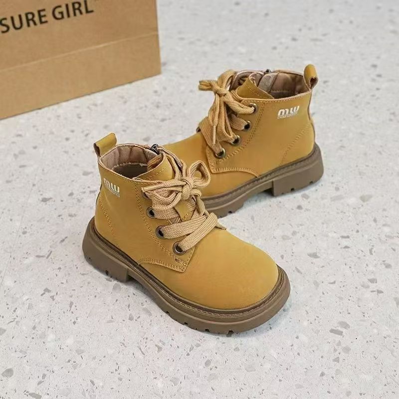 翻边男马丁靴女皮靴中大童大黄靴秋季童鞋女童高帮