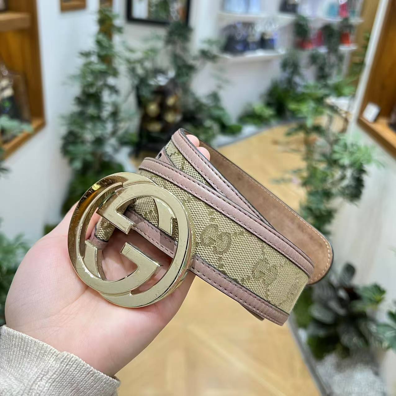 95新 GUCCI/古驰 蓝总专场/金扣双G 老花腰带  85码