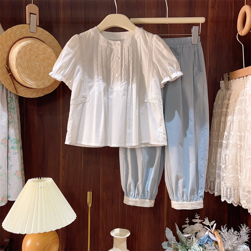 现货【白琴】9919女童纯棉衬衫娃娃衫上衣年夏新款白色夏季甜美