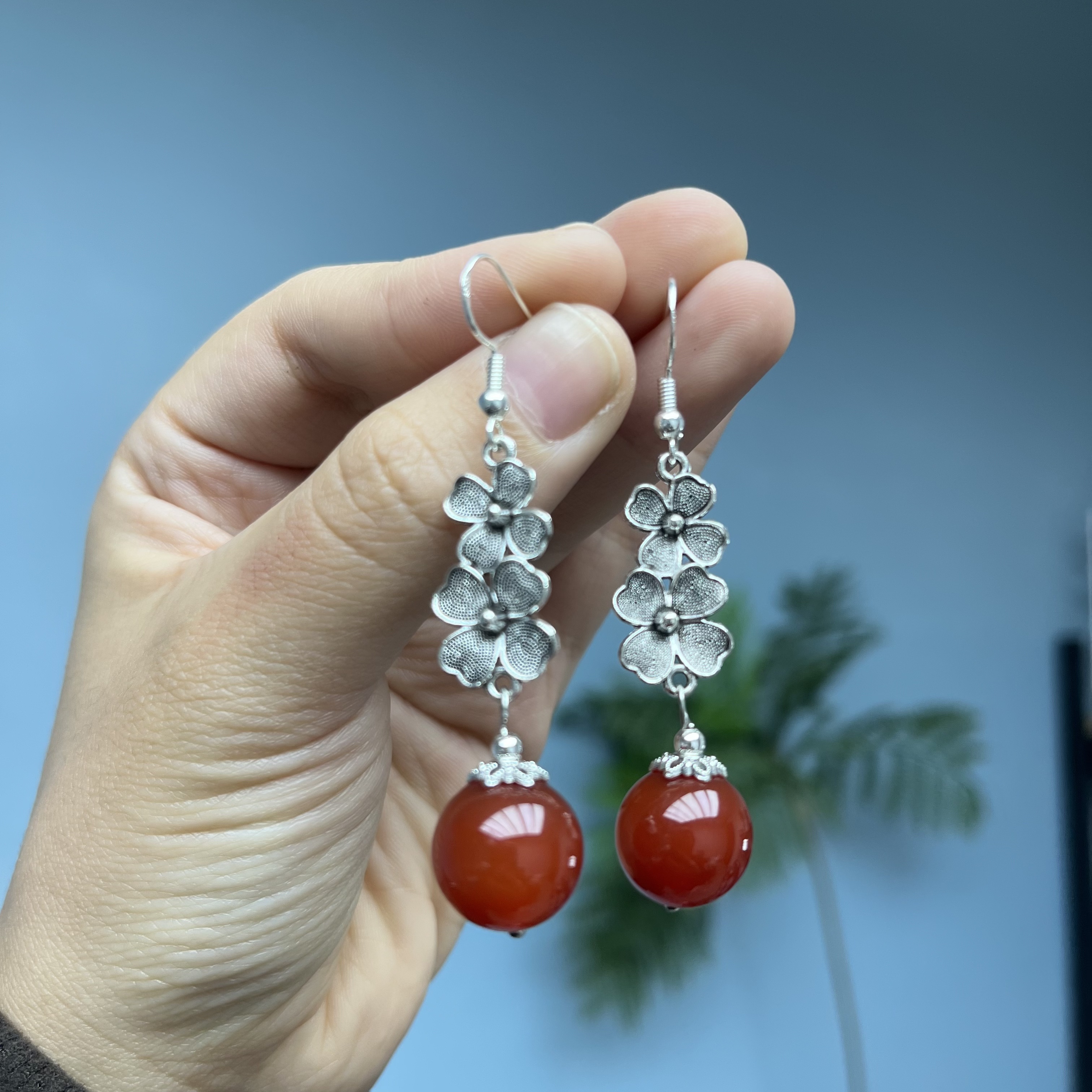 南红s925双生花耳钩