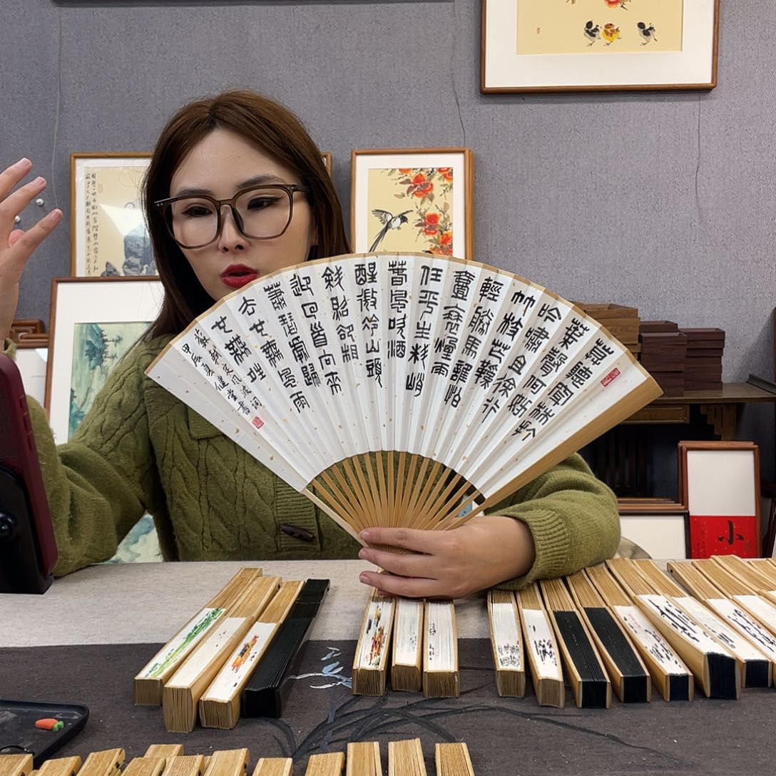 国画95寸玉竹-纯手绘-文玩扇骨（默认粘好）