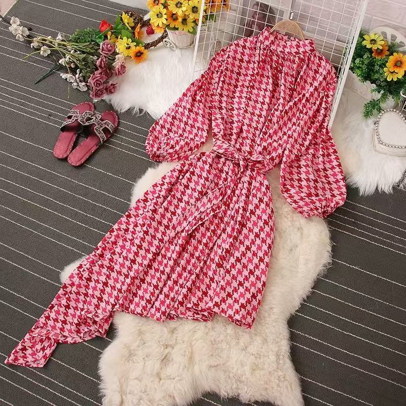 【褶皱系列】格纹立领不规则时尚连衣裙