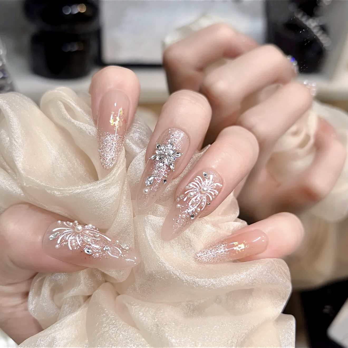 【浪漫绽放】手绘拼钻重工高级锆石秋冬温柔7121604纯手工穿戴甲