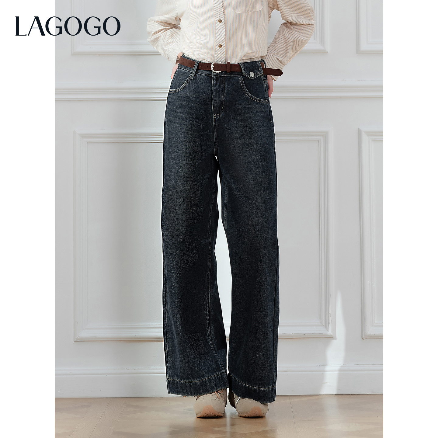 LAGOGO阔腿牛仔裤靛蓝腰带女拉谷谷2025年冬新款OCNN53XWR7