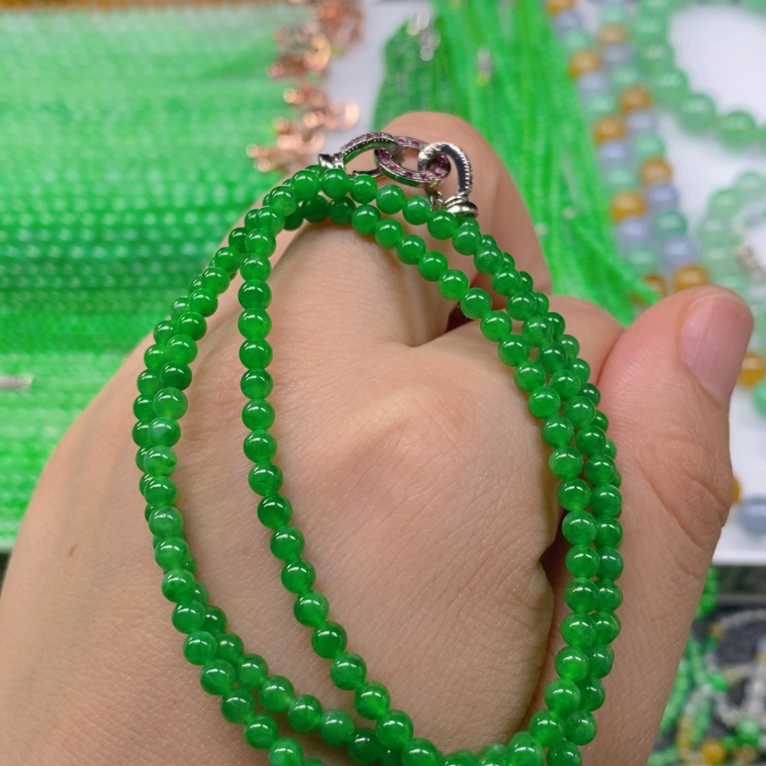 翡翠未镶嵌颈饰缅甸天然翡翠冰种浓阳绿小米珠项链3.8