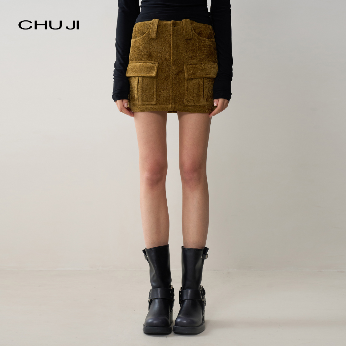 Chuji出迹 暖棕毛绒 秋冬季短裙女半身裙2025新款包臀裙-E2Z2825L