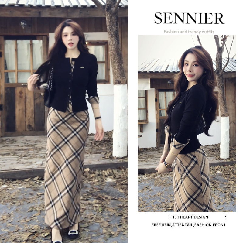 秋季穿搭一整套女2025新款设计感修身开衫气质格纹半身裙两件套装