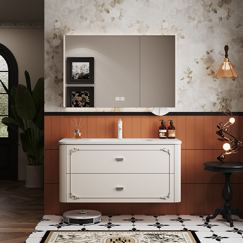 法式奶油风橡木烤漆浴室柜组合陶瓷一体盆洗漱台洗脸洗手洗漱台盆