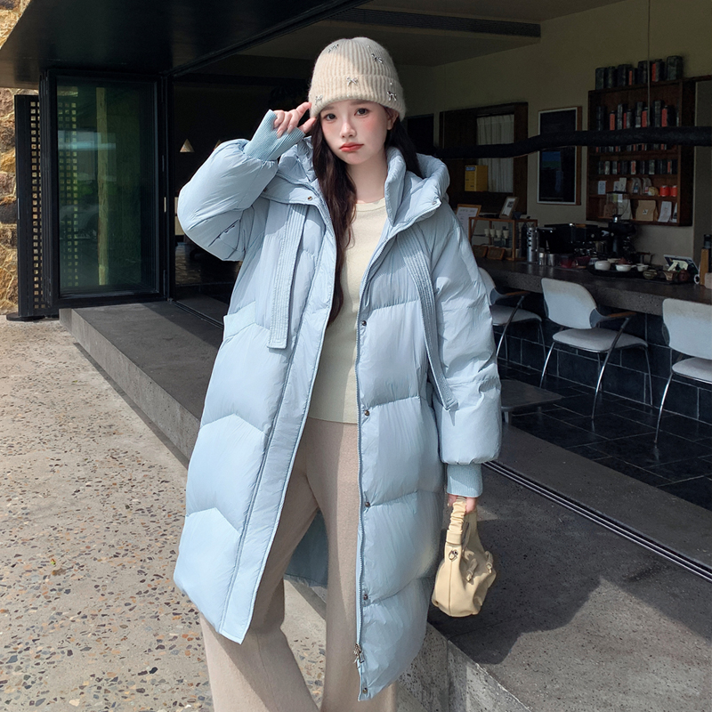 2025飘带款加肥加大码200斤胖mm羽绒服女白鸭绒韩版连帽加厚冬季
