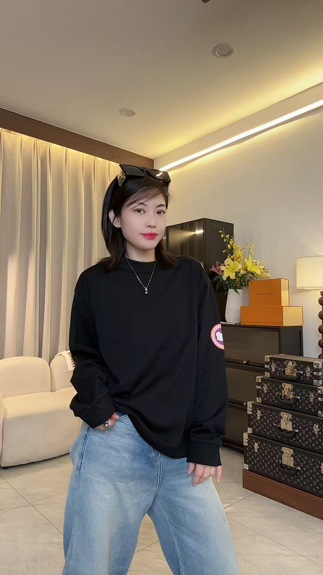 新款大O袖标长袖潮流休闲时尚简约百搭圆领情侣长袖T恤